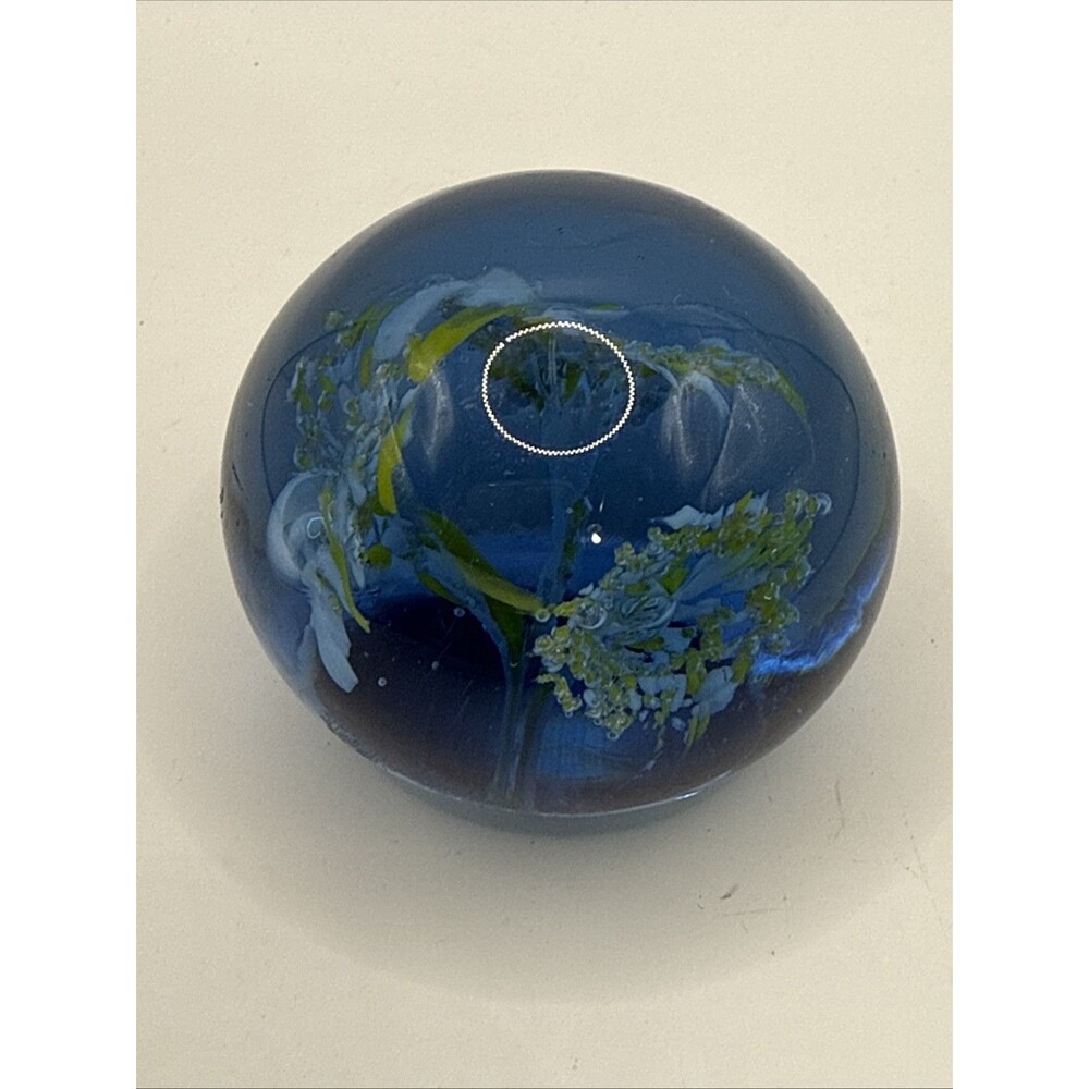 Art Glass Paperweight Blue Yellow White Flower Floral